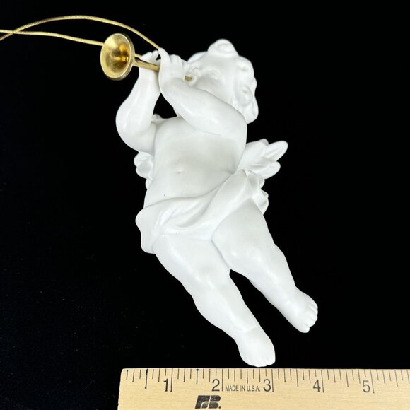 Vintage Porcelain Cherub Angel Hanging Figurine Gold Cord Brass Trumpet Ornament - Picture 11 of 16